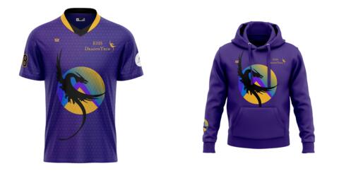 Eastlake High School Dragon Tech eSports league t-shirt and hoodie - purple with a powerful black dragon flying over a yellow mountain.